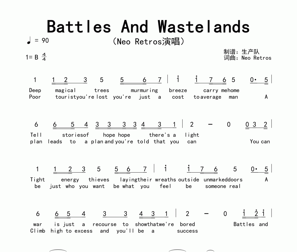 Neo Retros《Battles And Wastelands》简谱B调