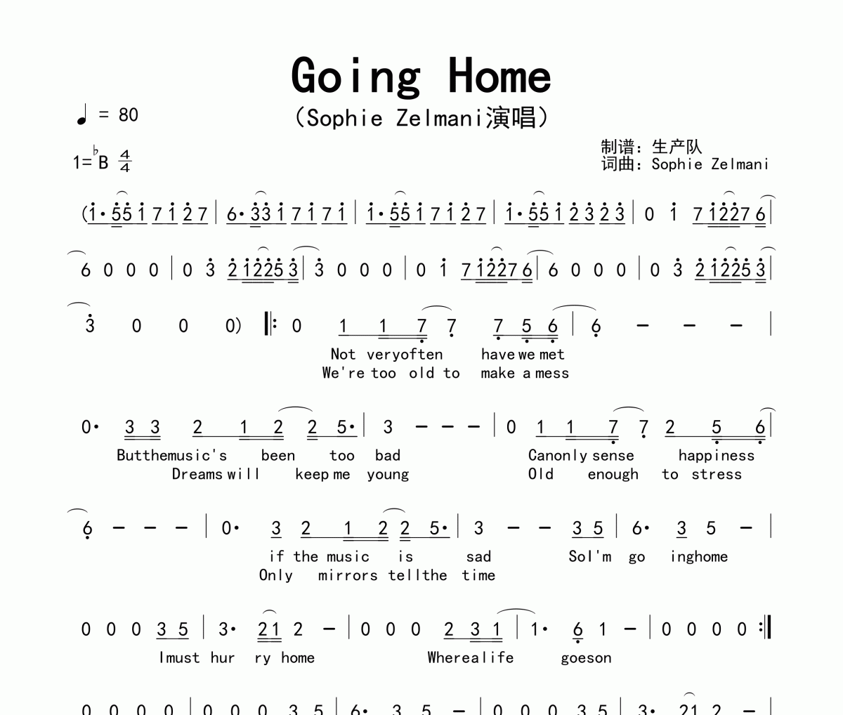 Going Home简谱 Sophie Zelmani《Going Home》简谱降B调