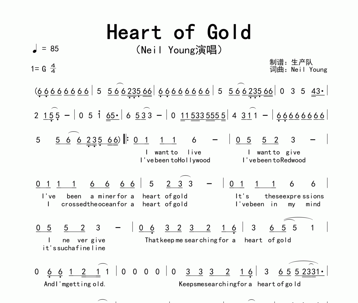 Heart of Gold简谱 Neil Young《Heart of Gold》简谱G调