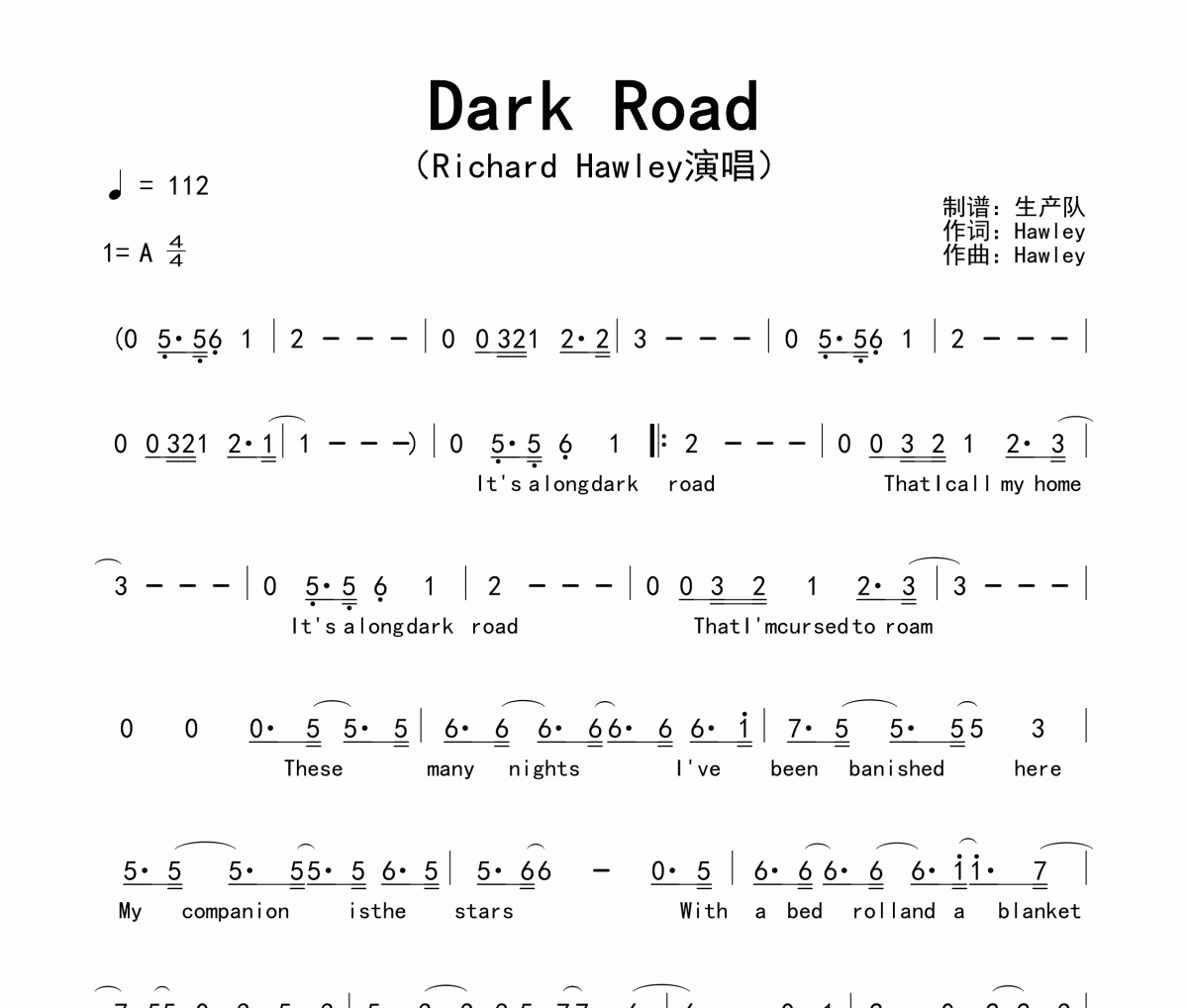 Dark Road简谱 Richard Hawley《Dark Road》简谱A调