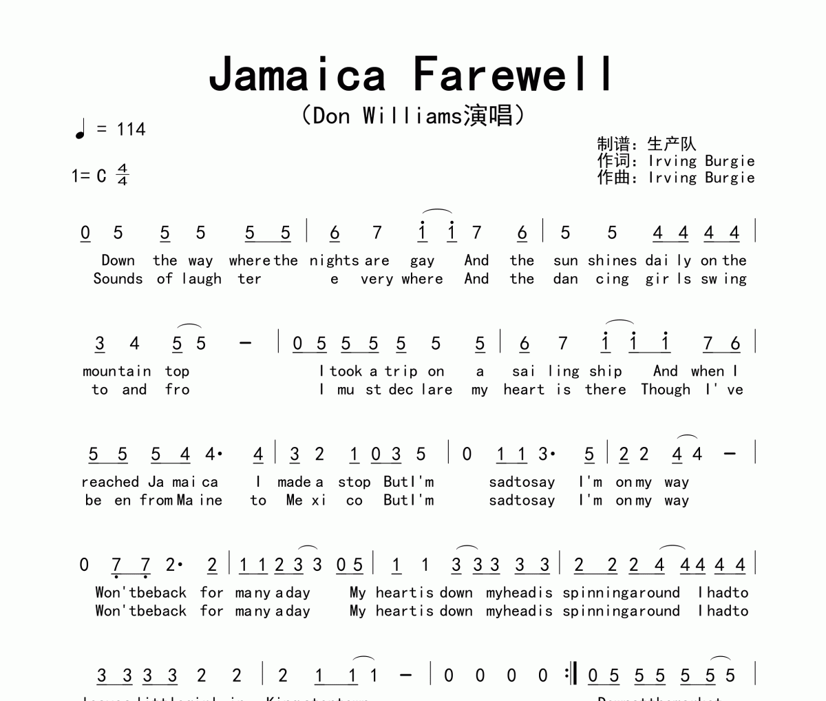 Jamaica Farewell简谱 Don Williams《Jamaica Farewell》简谱C调