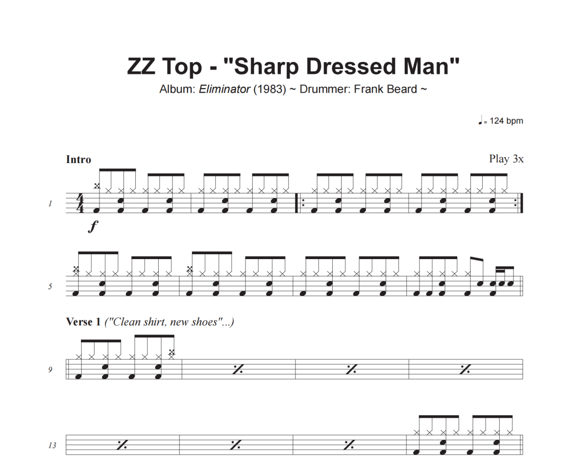 Sharp Dressed Man鼓谱 ZZ Top《Sharp Dressed Man》架子鼓|爵士鼓|鼓谱+动态视频