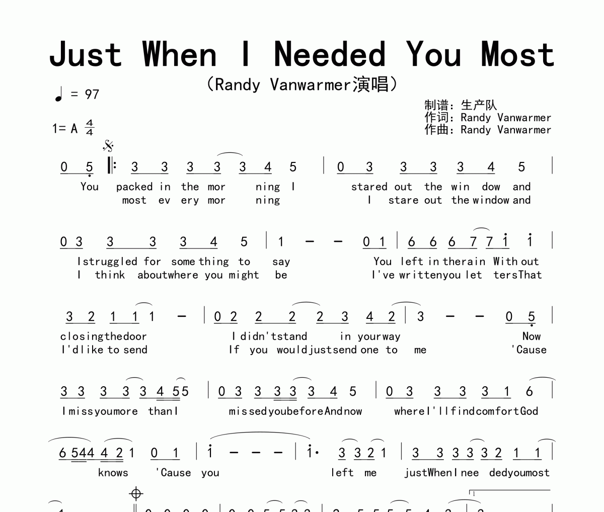 Randy Vanwarmer《Just When I Needed You Most》简谱A调