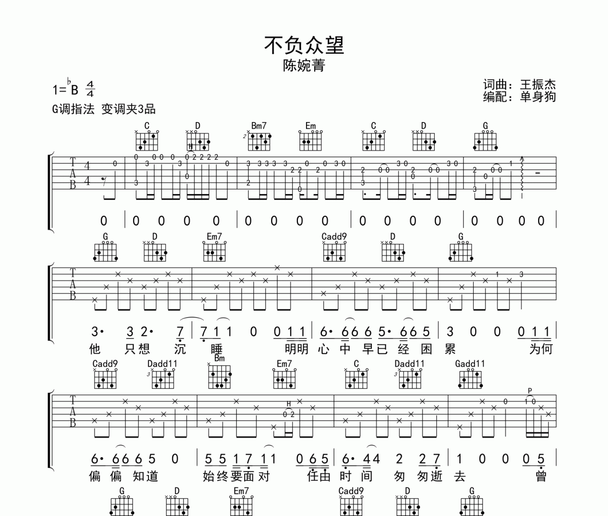 不负众望吉他谱 陈婉菁-不负众望六线谱G调吉他谱