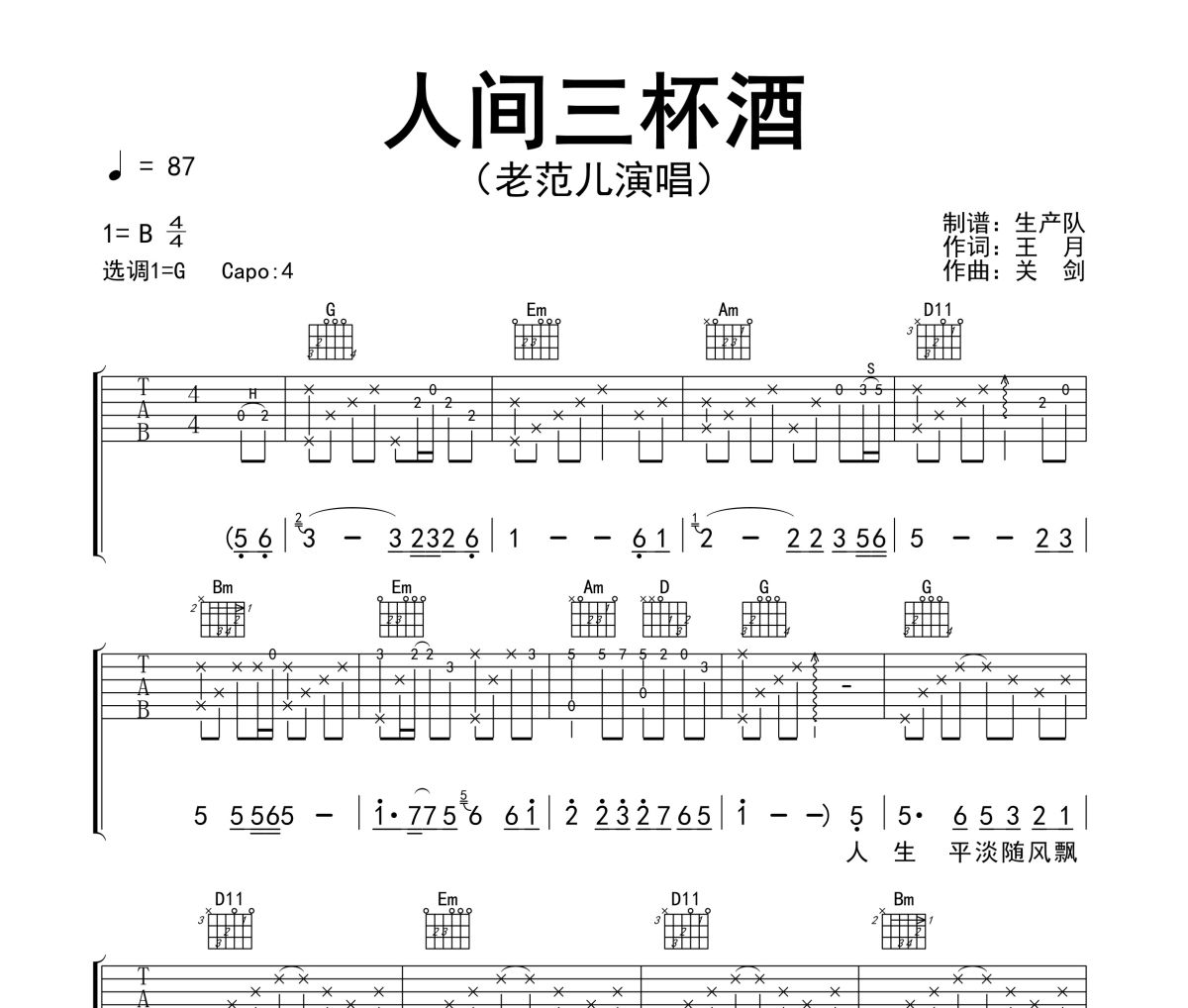 人间三杯酒吉他谱 老范儿《人间三杯酒》六线谱|吉他谱