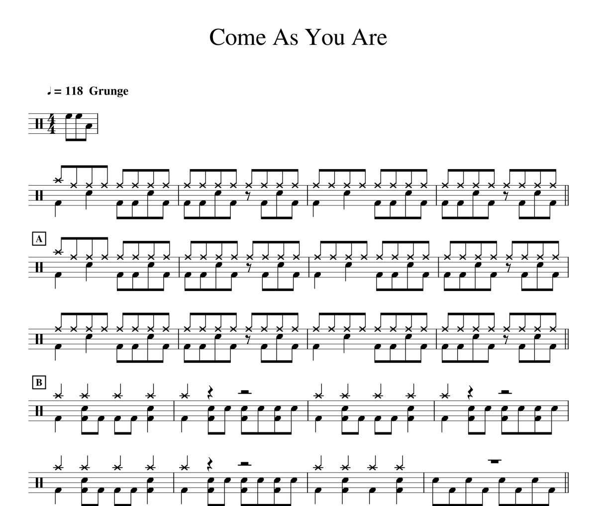 Come As You Are鼓谱 Nirvana-Come As You Are爵士鼓谱