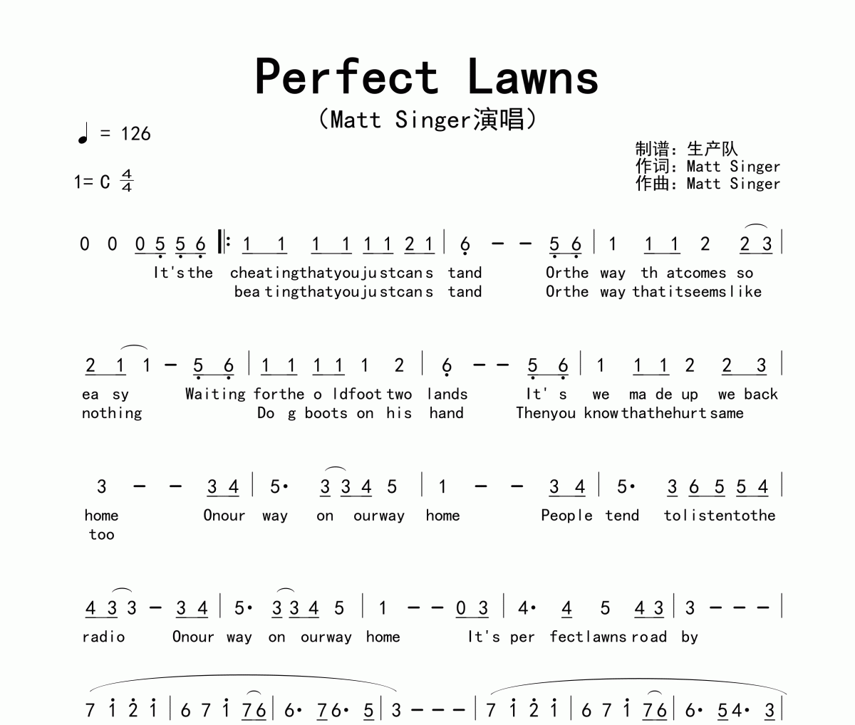 Perfect Lawns简谱 Matt Singer《Perfect Lawns》简谱C调