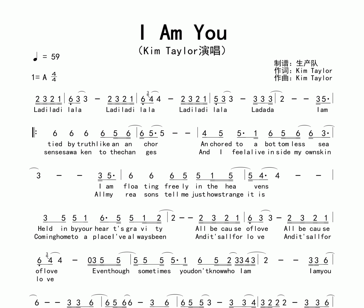 I Am You简谱 Kim Taylor《I Am You》简谱A调