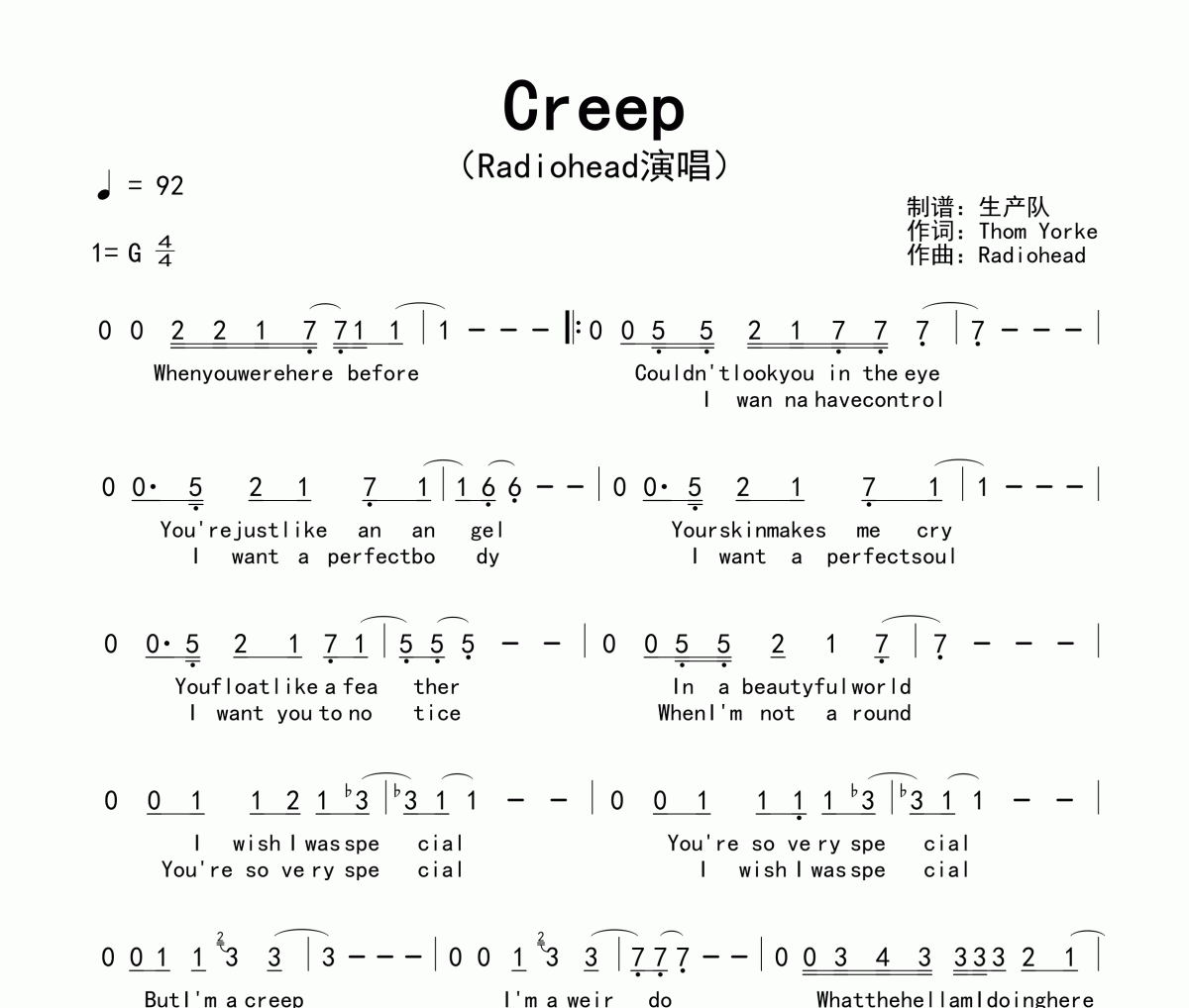 Creep简谱 Radiohead《Creep》简谱G调