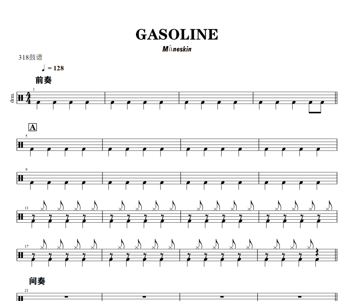 GASOLINE鼓谱 Måneskin《GASOLINE》架子鼓|爵士鼓|鼓谱+动态视频