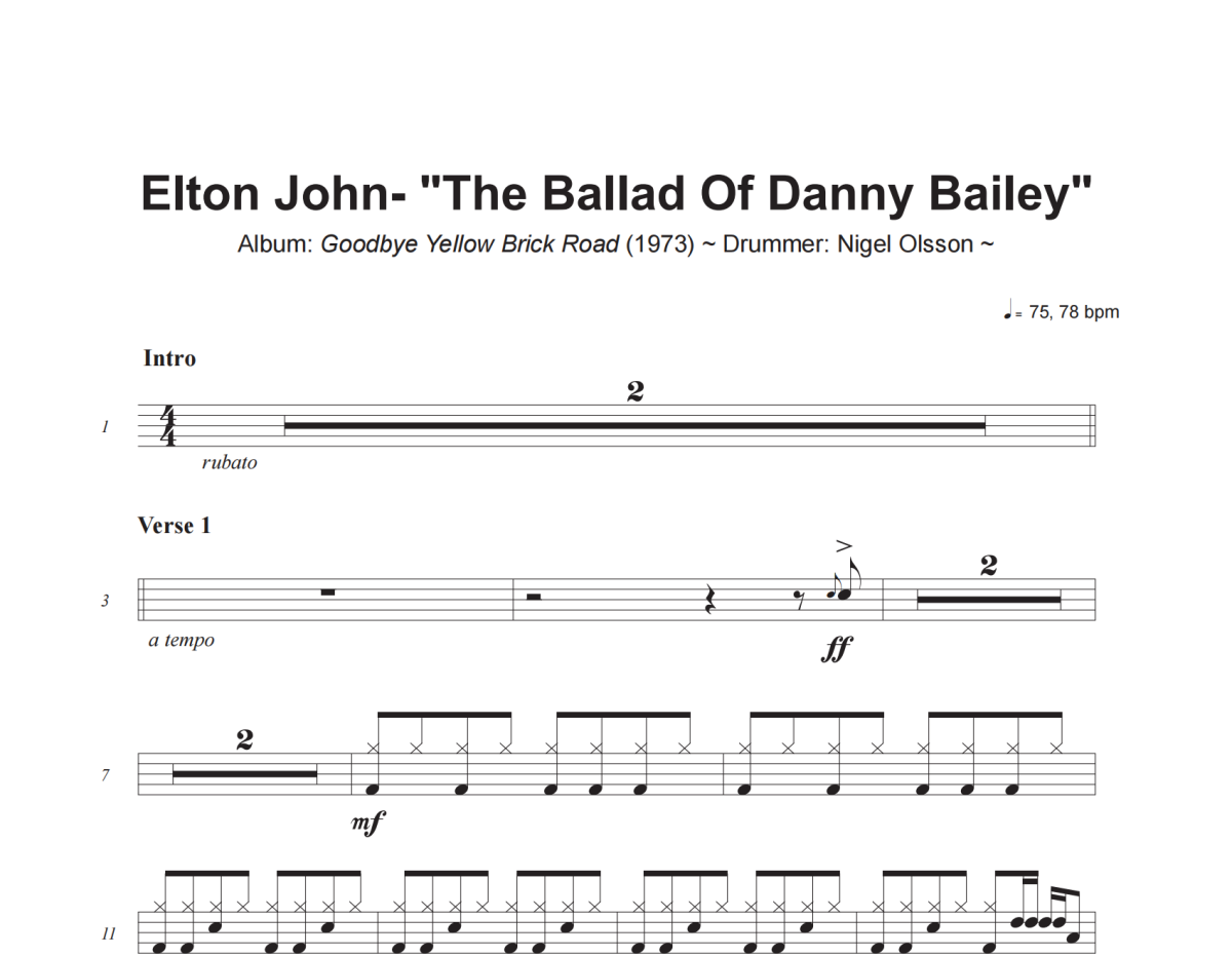 Elton John《The Ballad Of Danny Bailey》架子鼓|爵士鼓|鼓谱+动态视频