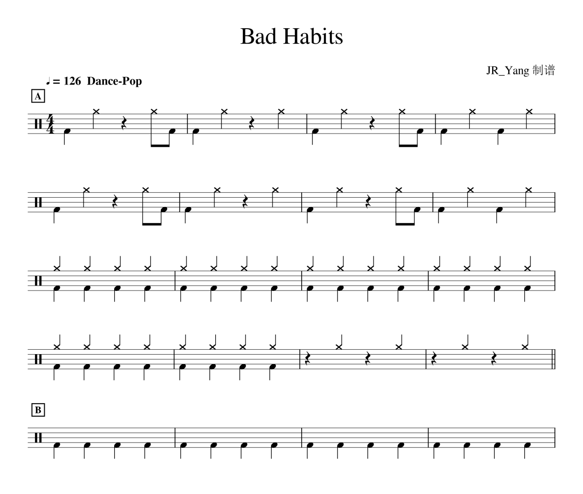 Bad Habits鼓谱 Ed Sheeran《Bad Habits》架子鼓|爵士鼓|鼓谱