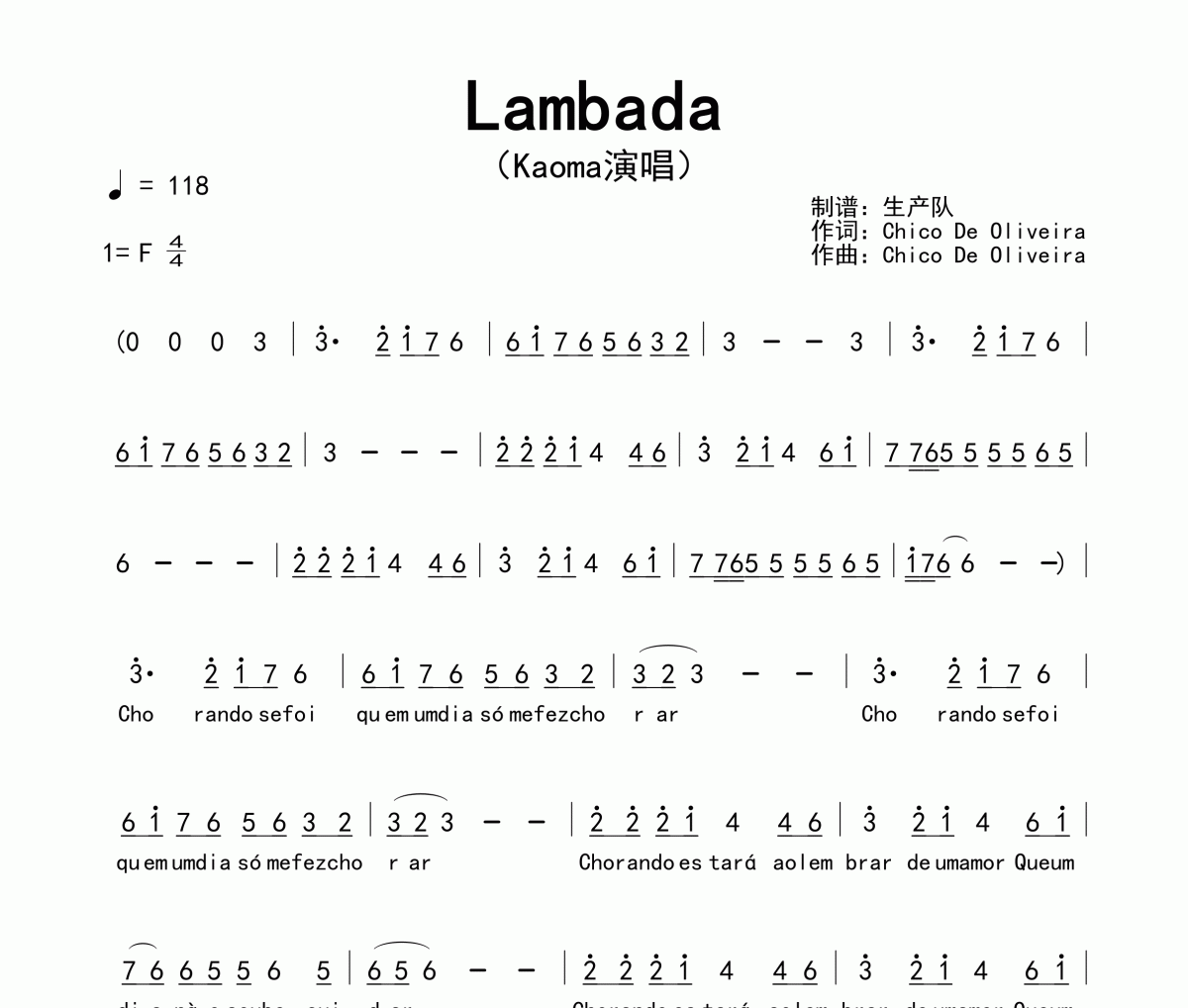 Lambada简谱 Kaoma《Lambada》简谱F调