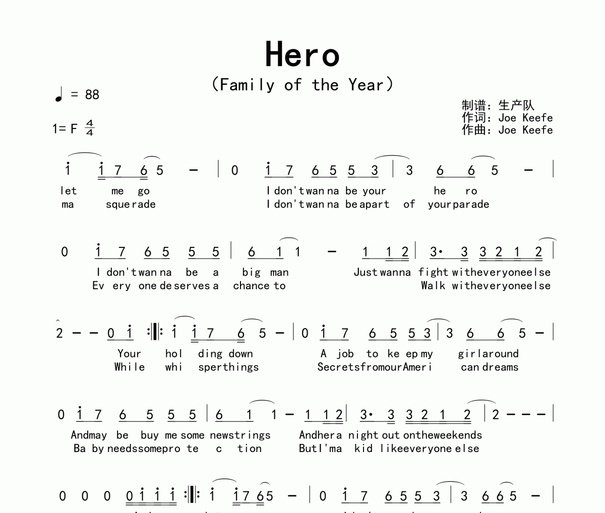 Hero简谱 Family Of The Year《Hero》简谱F调