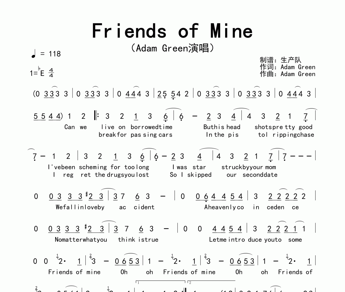 Friends of Mine简谱 Adam Green《Friends of Mine》简谱降E调