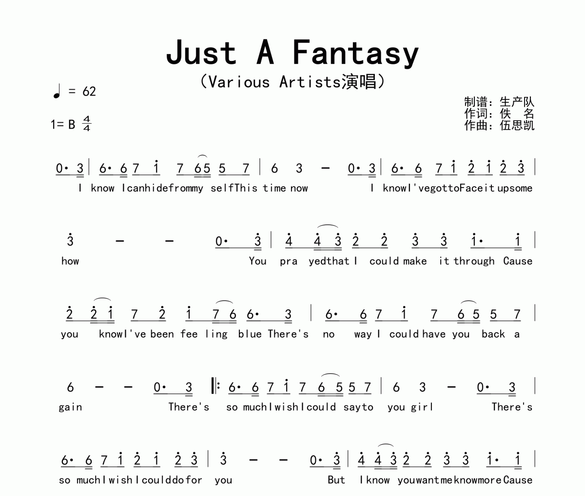 Just A Fantasy简谱 Various Artists《Just A Fantasy》简谱B调