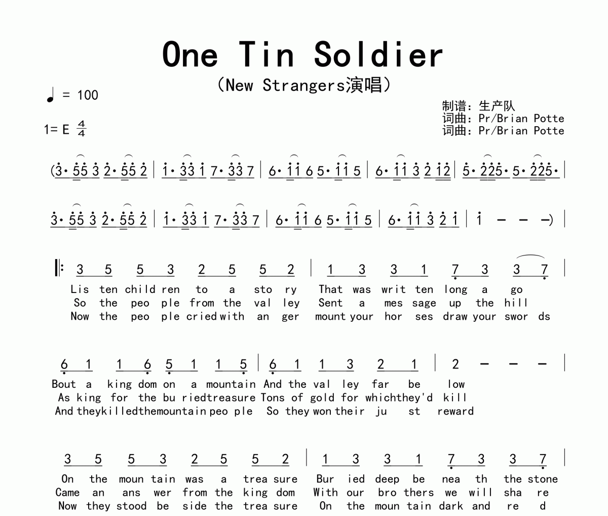 One Tin Soldier简谱 New Strangers《One Tin Soldier》简谱E调