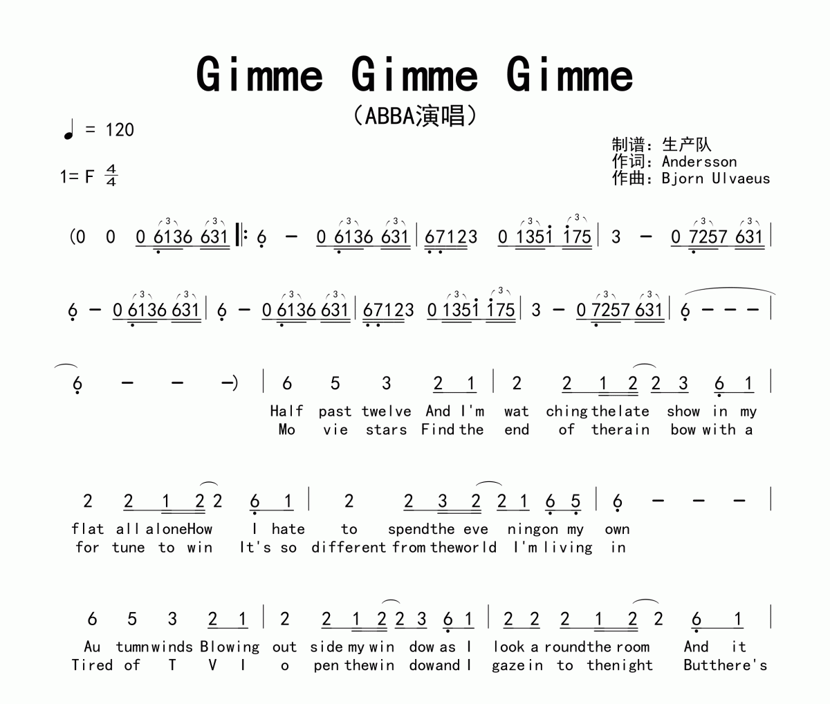 Gimme Gimme Gimme简谱 ABBA《Gimme Gimme Gimme》简谱F调