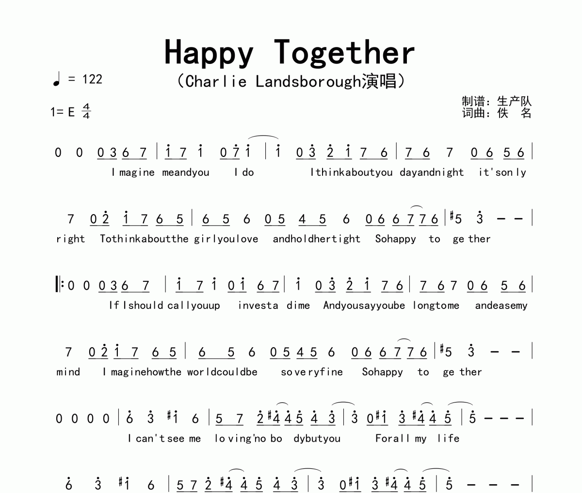 Happy Together简谱 Charlie Landsborough《Happy Together》简谱E调