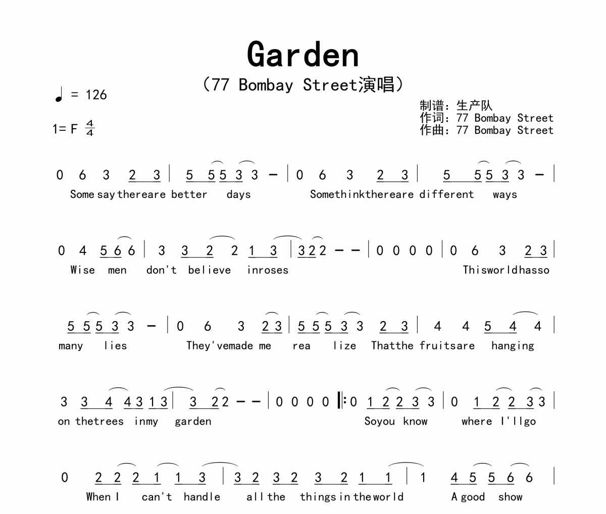 Garden简谱 77 Bombay Street《Garden》简谱F调