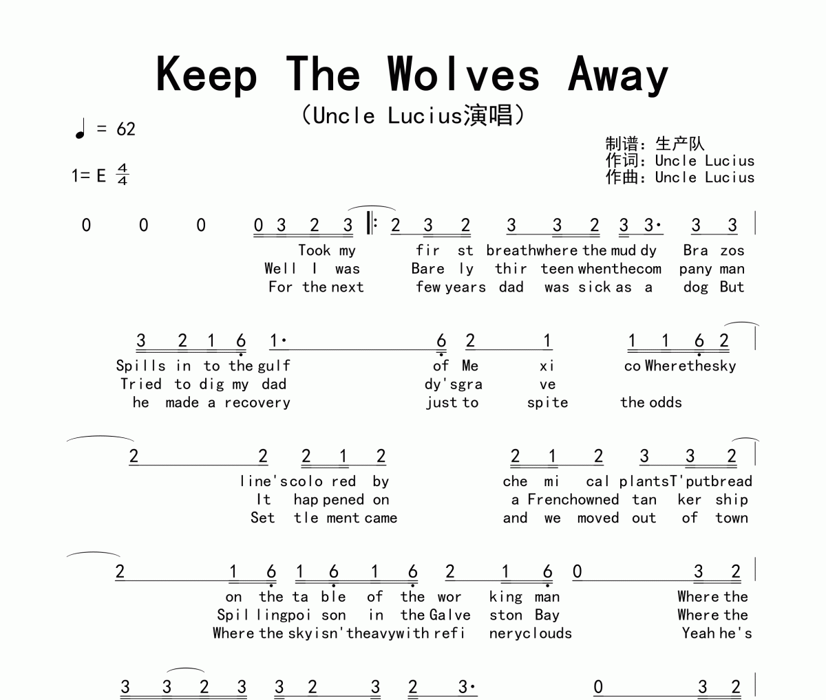 Uncle Lucius《Keep The Wolves Away》简谱E调