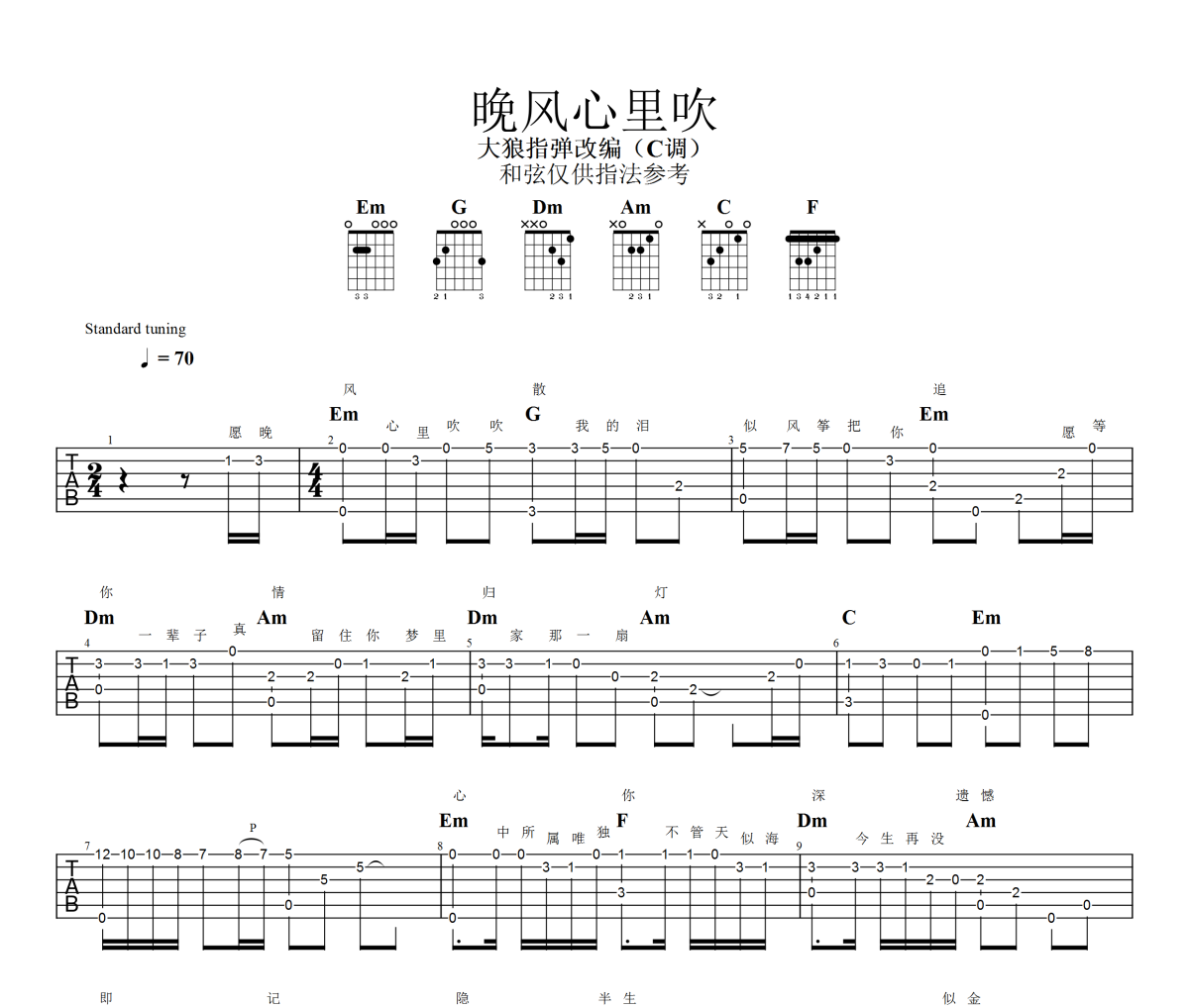 晚风心里吹吉他谱 阿梨粤-0晚风心里吹六线谱|吉他谱