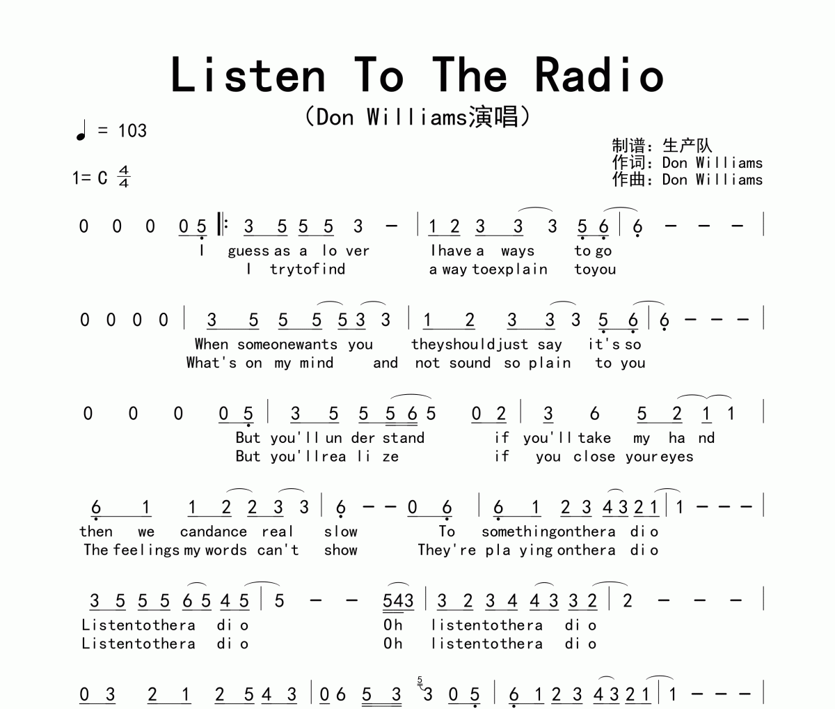 Listen To The Radio简谱 Don Williams《Listen To The Radio》简谱C调