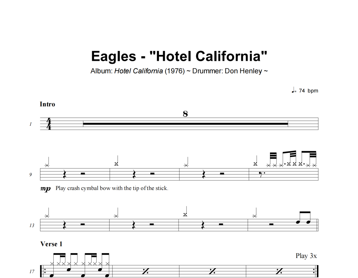 Hotel California鼓谱 Eagles-Hotel California爵士鼓谱+动态视频