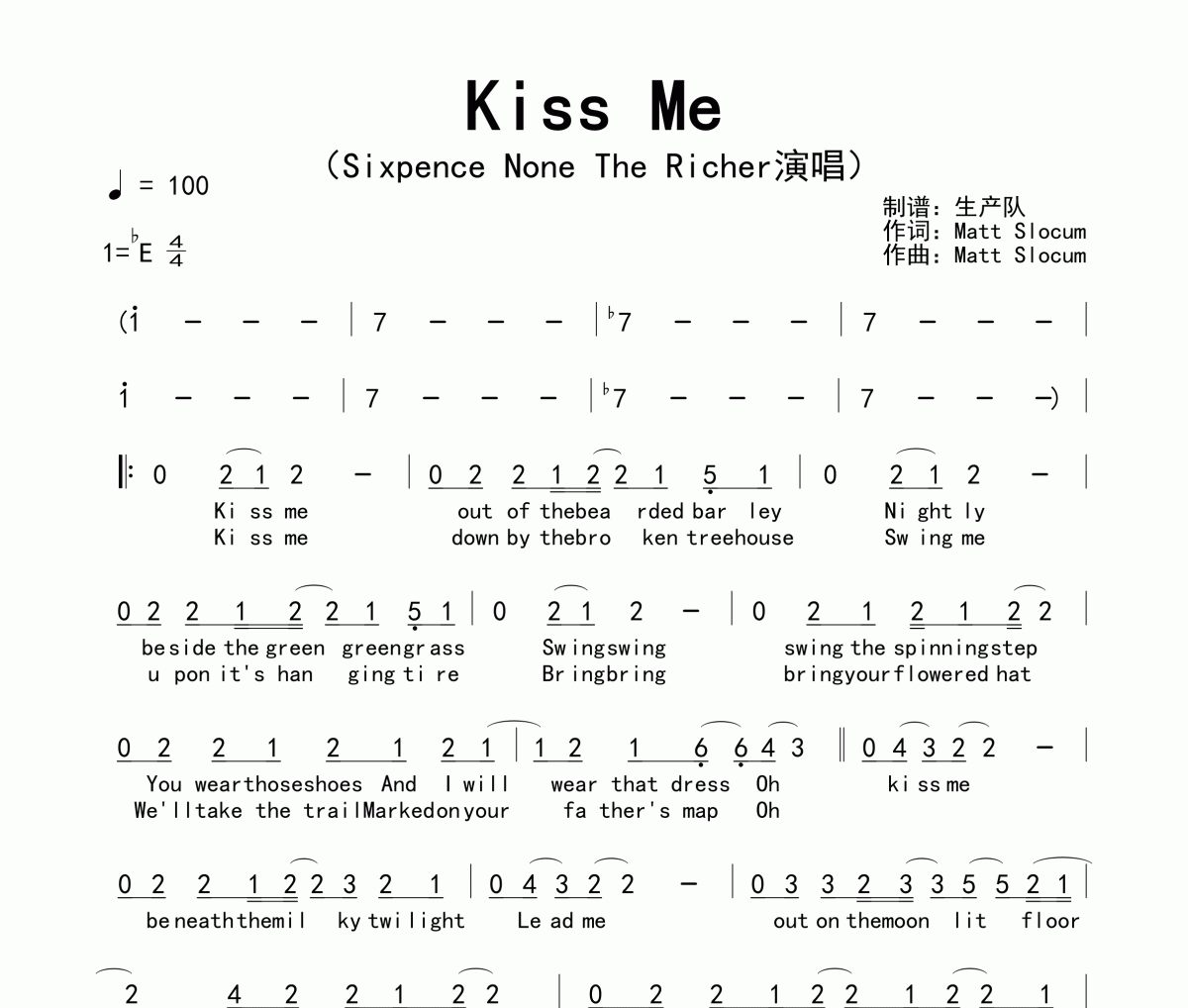 Kiss Me简谱 Sixpence None the Richer《Kiss Me》简谱降E调