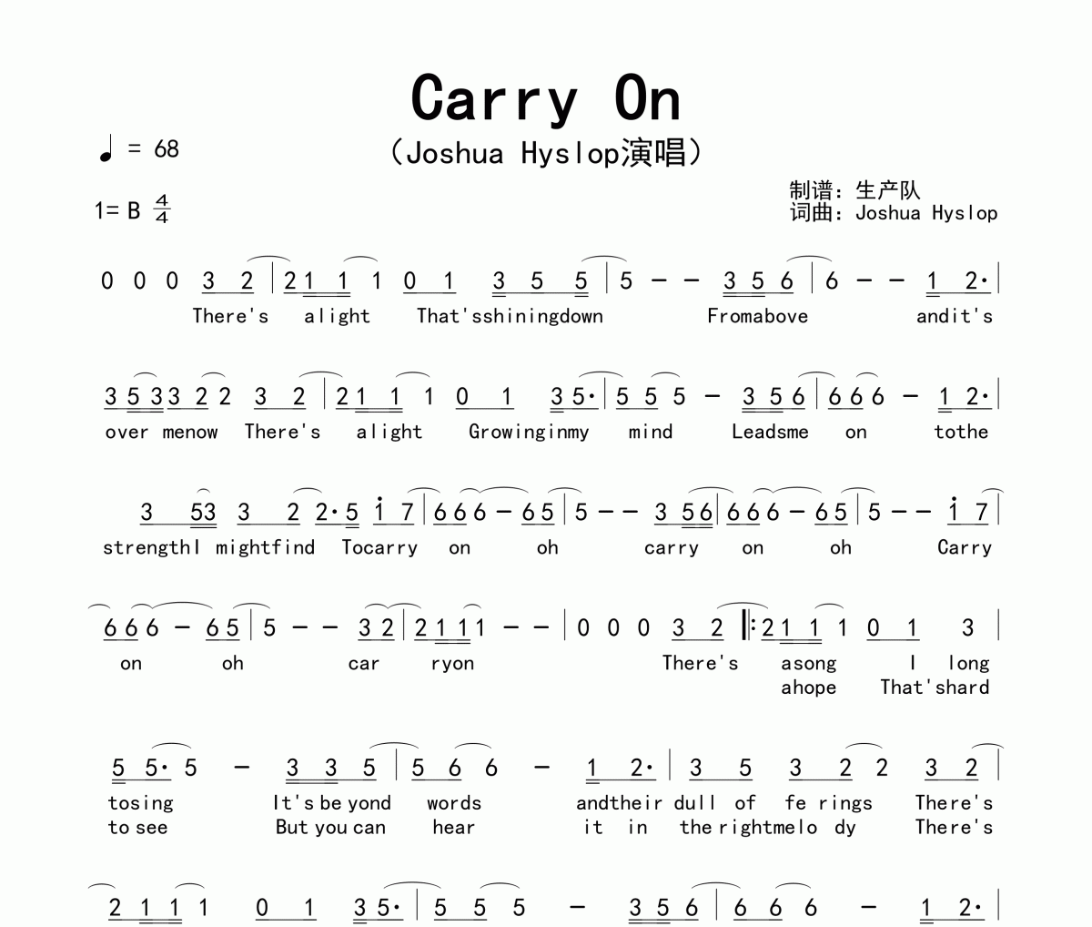 Carry On简谱  Joshua Hyslop《Carry On》简谱B调