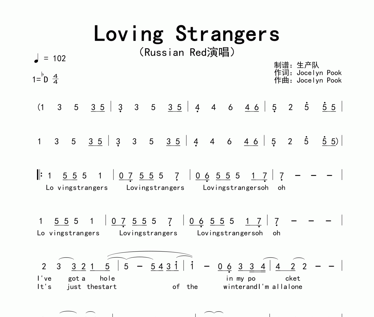 Loving Strangers简谱 Russian Red《Loving Strangers》简谱降D调