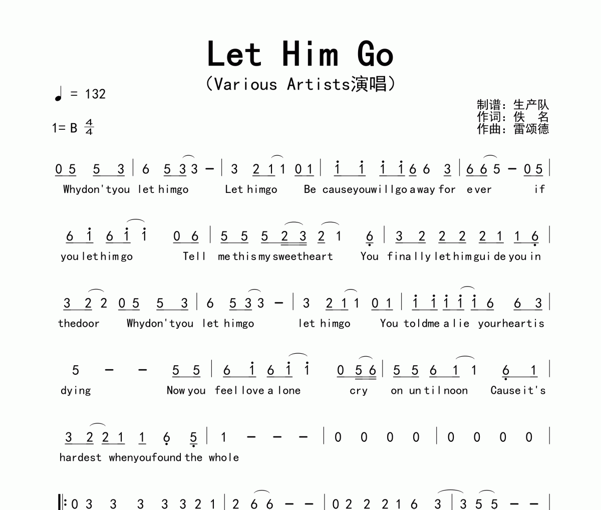 Let Him Go简谱 Various Artists《Let Him Go》简谱B调