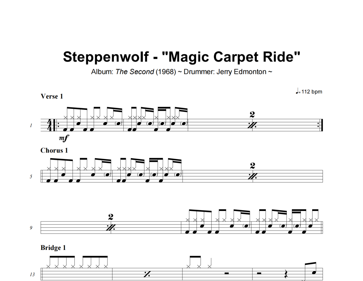 Steppenwolf《Magic Carpet Ride》架子鼓|爵士鼓|鼓谱+动态视频