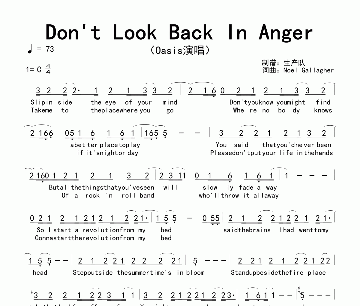 Oasis《Don't Look Back In Anger》简谱C调