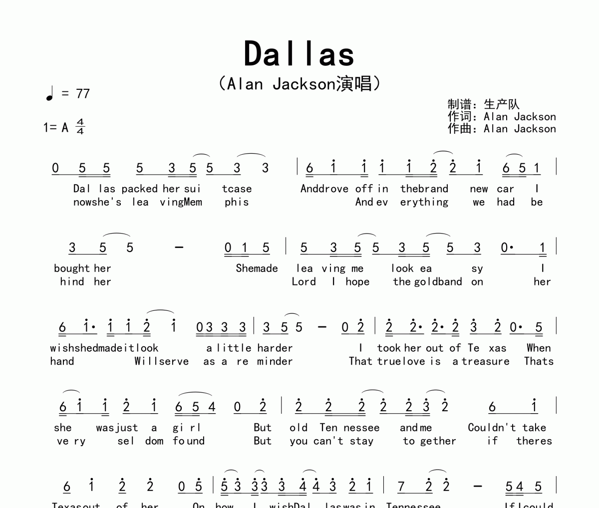 Dallas简谱 Alan Jackson《Dallas》简谱A调