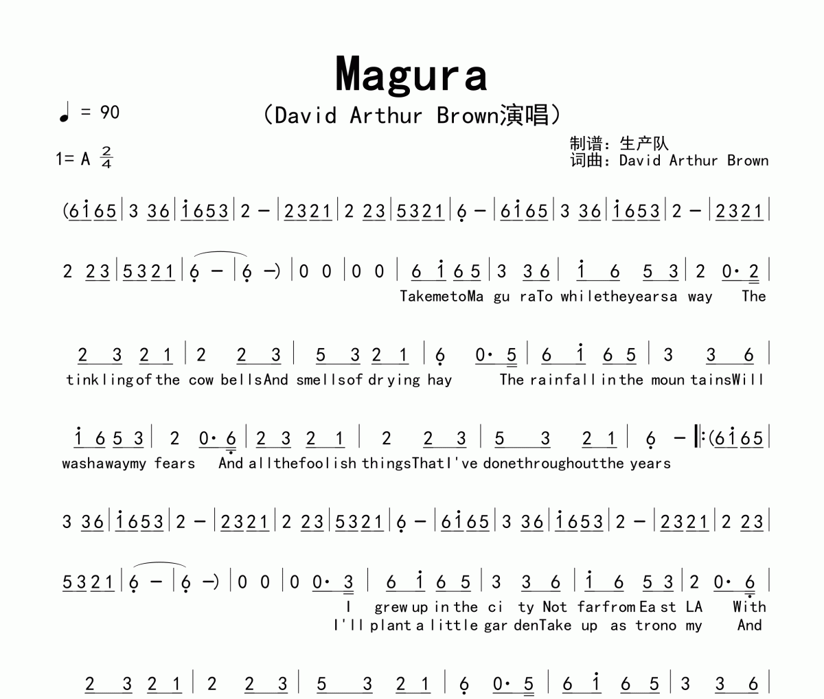 Magura简谱 David Arthur Brown《Magura》简谱A调