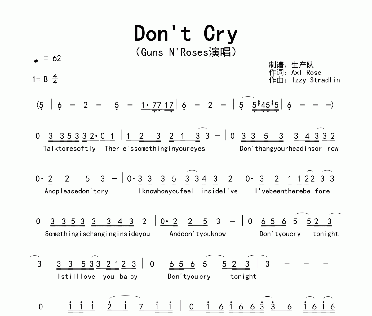 Don't Cry简谱 Guns N' Roses《Don't Cry》简谱B调