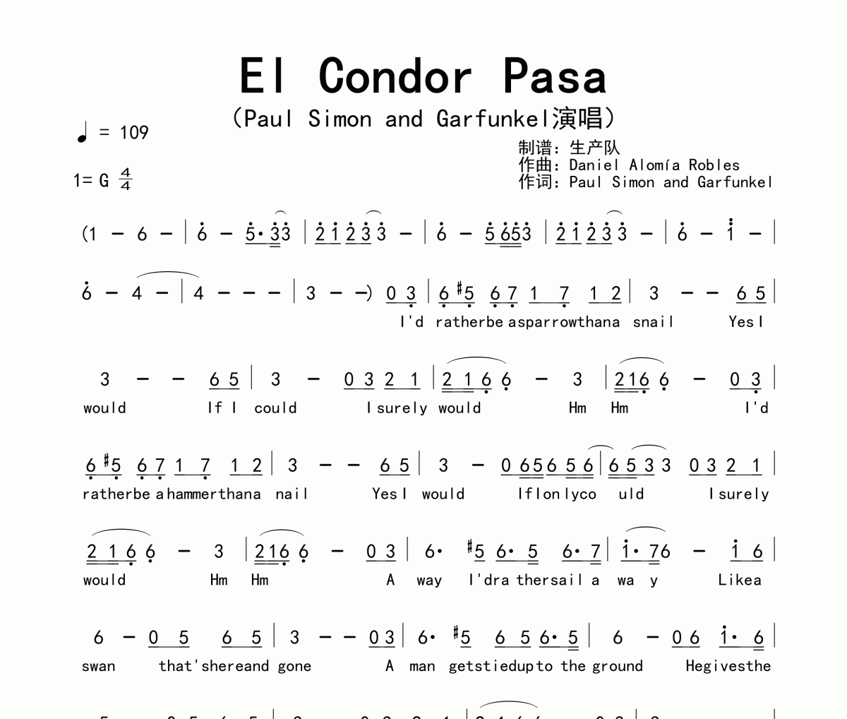 El Condor Pasa简谱 Paul Simon&Garfunkel《El Condor Pasa》简谱G调