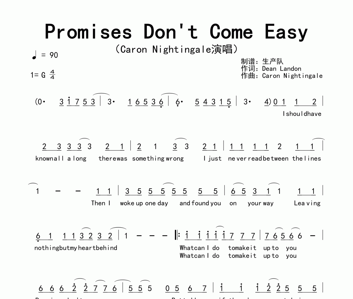 Caron Nightingale-Promises Don't Come Easy简谱G调