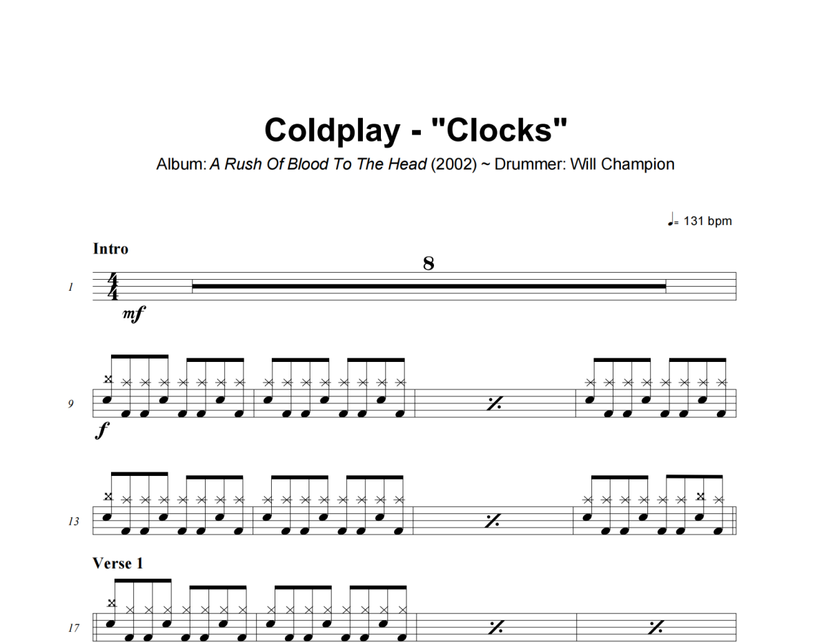 Clocks鼓谱 Coldplay-Clocks爵士鼓谱+动态视频