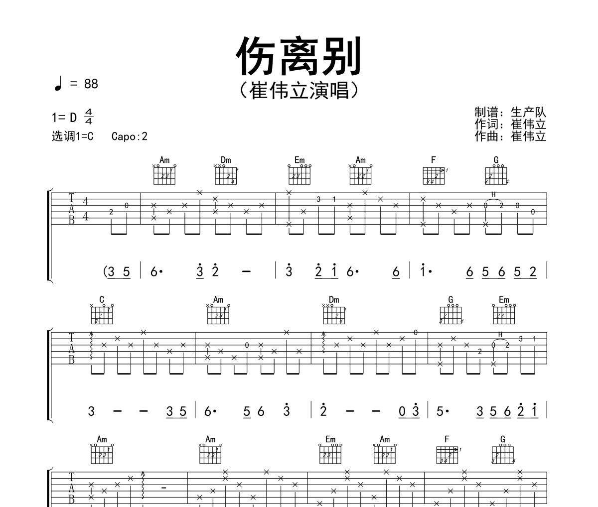 伤离别吉他谱 崔伟立《伤离别》六线谱|吉他谱