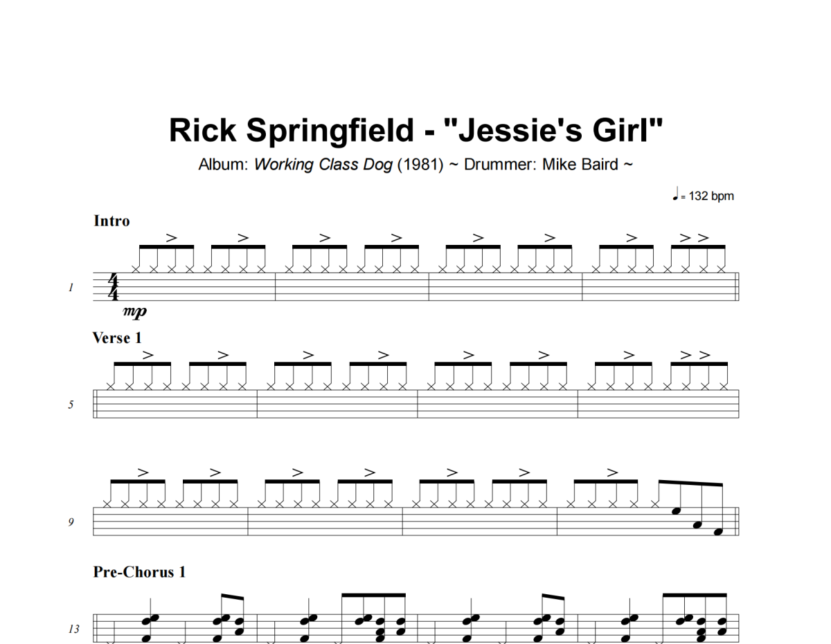 Rick Springfield《Jessie's Girl》架子鼓|爵士鼓|鼓谱+动态视频