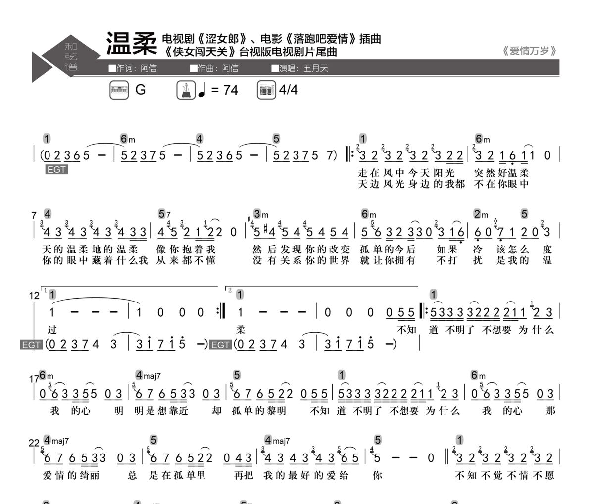 温柔简谱 五月天《温柔》简谱G调