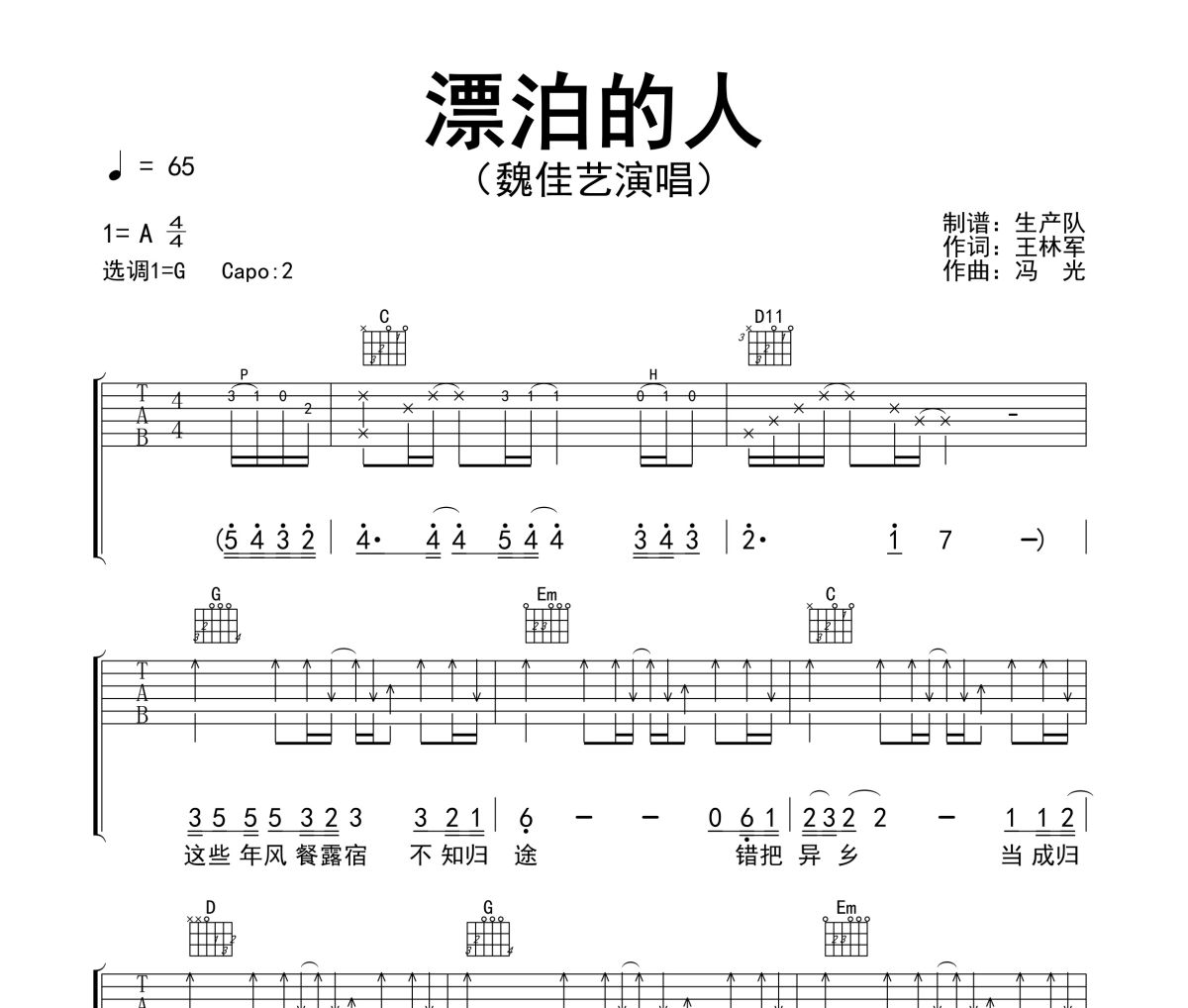 漂泊的人吉他谱 魏佳艺《漂泊的人》(烟嗓版)六线谱G调吉他谱