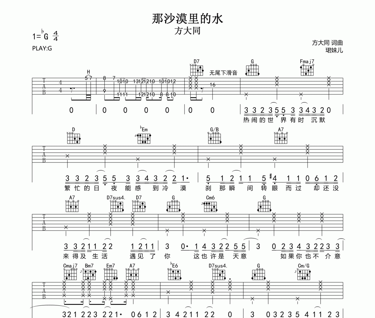 那沙漠里的水吉他谱 方大同-那沙漠里的水G调弹唱谱