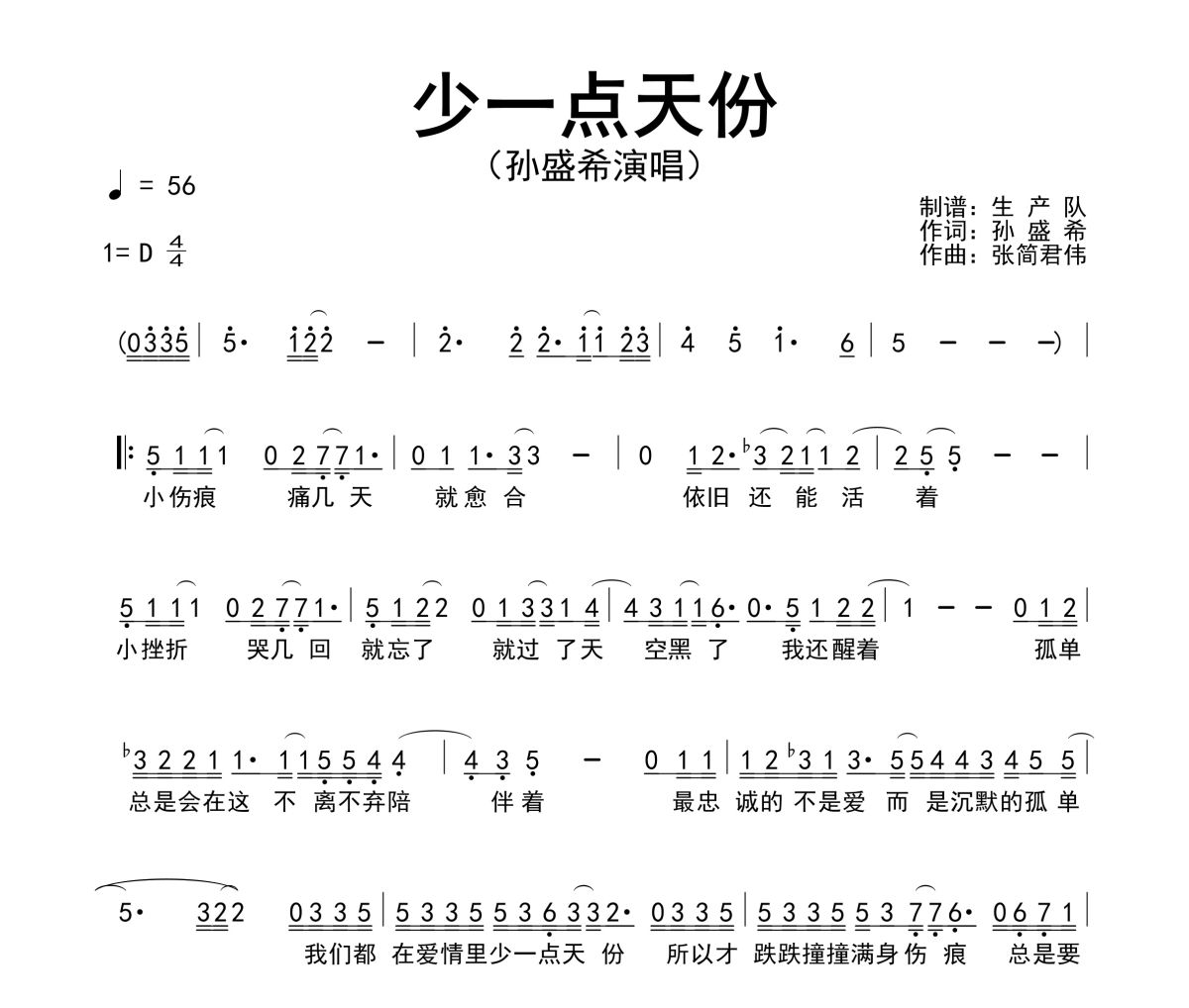 少一点天份简谱 孙盛希《少一点天份》简谱