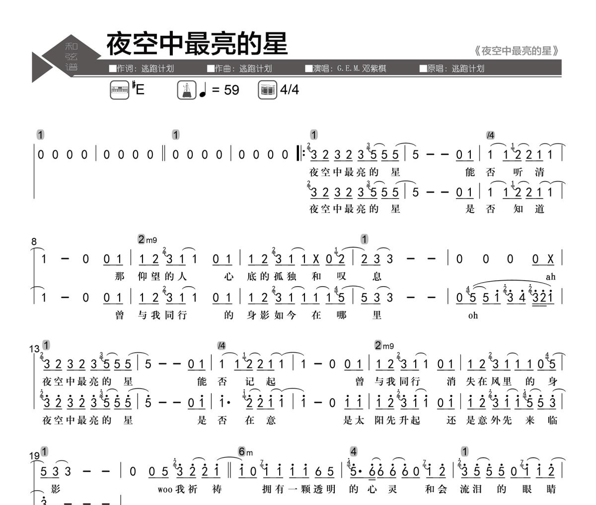 夜空中最亮的星简谱 G.E.M.邓紫棋-夜空中最亮的星简谱#E调