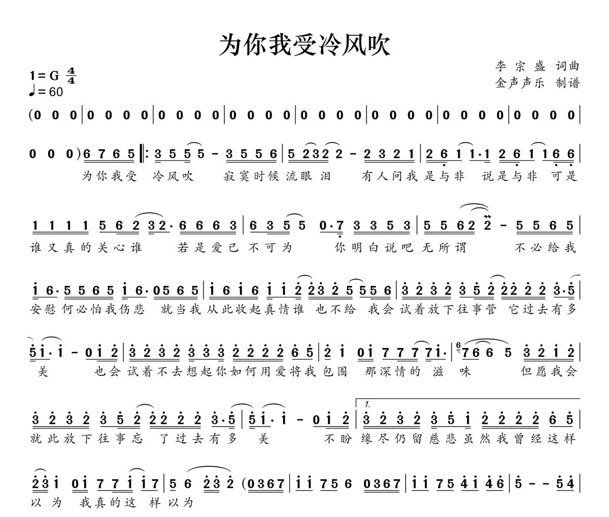 为你我受冷风吹简谱 林忆莲《为你我受冷风吹》简谱+动态视频G调