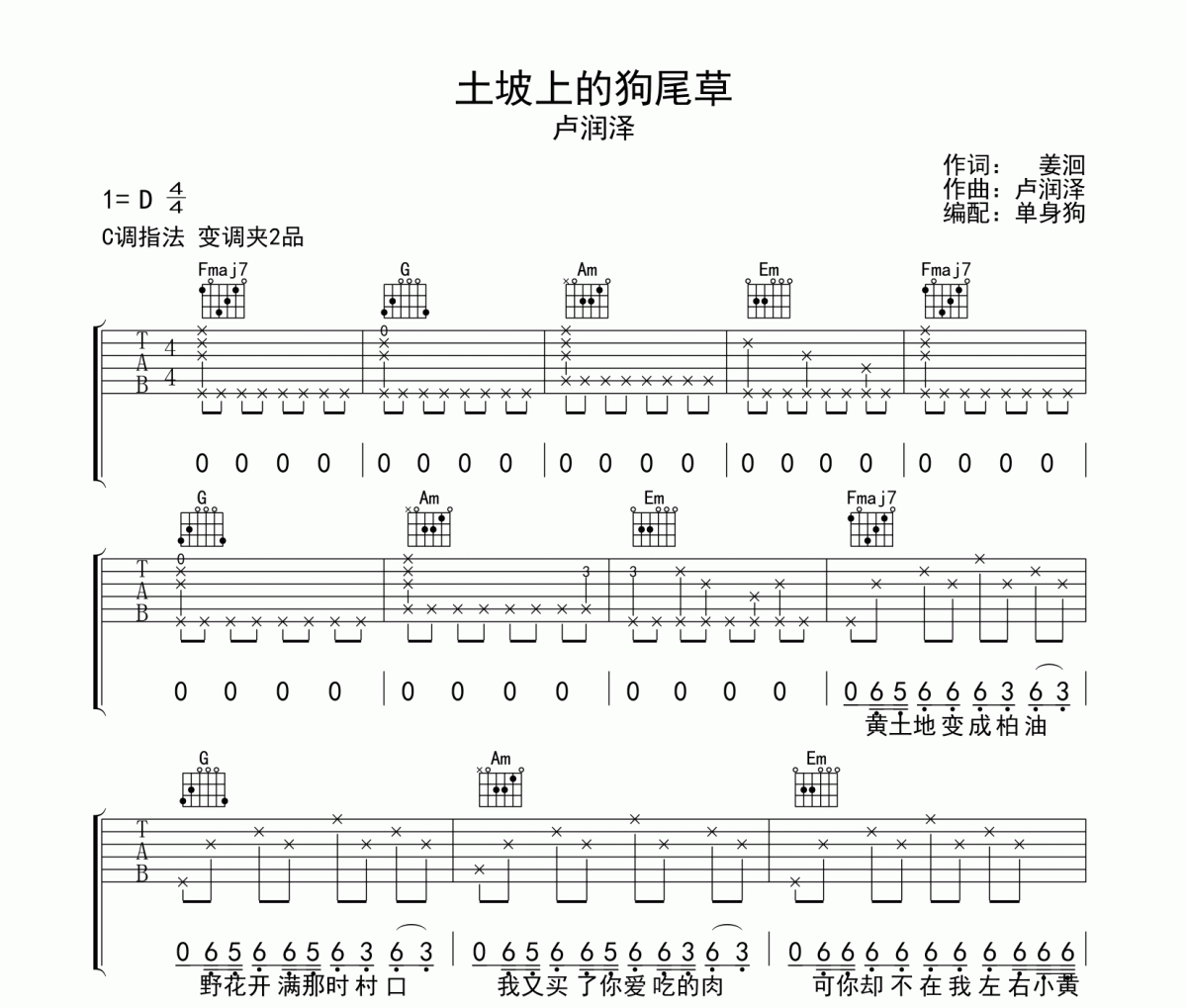 土坡上的狗尾草吉他谱 卢润泽《土坡上的狗尾草》C调弹唱谱