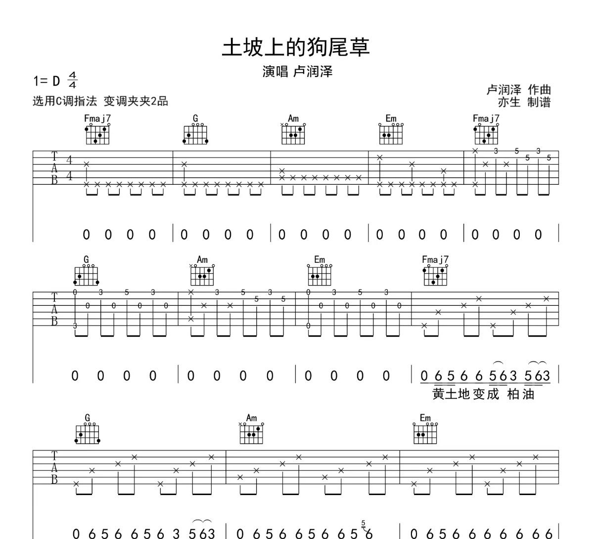 土坡上的狗尾草吉他谱 卢润泽-土坡上的狗尾草C调弹唱谱